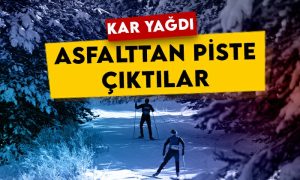 Ardahan’da kayaklı koşucular kar yağışının ardından asfalttan piste çıktı