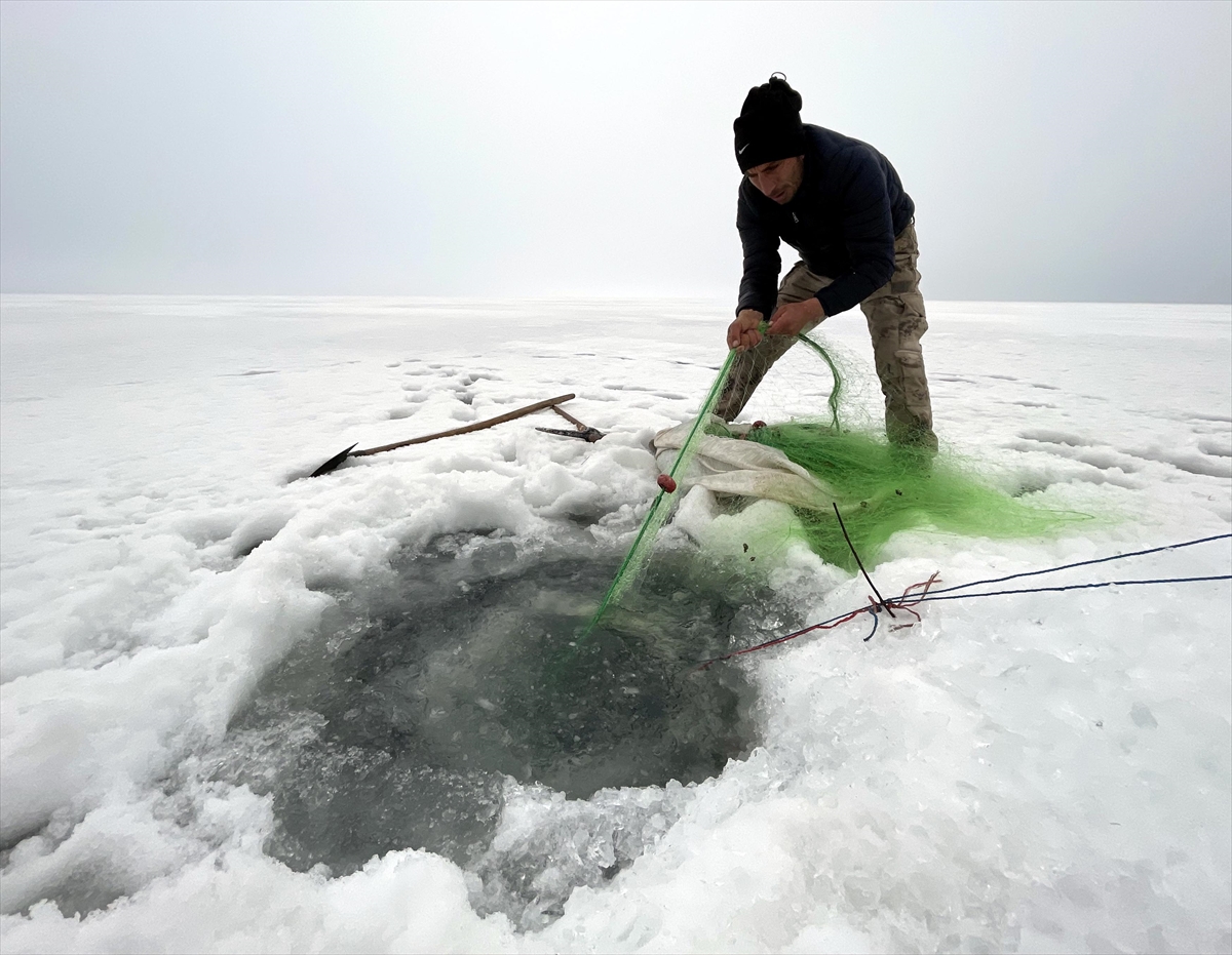 Çıldır Gölü’nde balıkçılar buz altındaki son ağlarını çekiyor