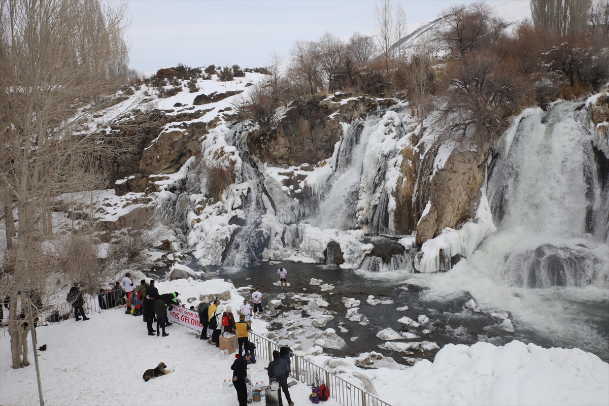 Vangölü Aktivistleri Derneği üyeleri, dondurucu soğukta Muradiye Şelalesi’nin sularında yüzdü